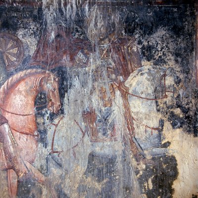 Helgon till häst, fresk i kyrkan i Palaia Roumata, Kreta, Grekland (foto) av Theodore Charles Ange Coquelin