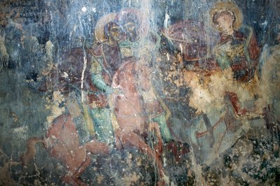 Heliga till häst, fresk i den bysantinska kyrkan Agios Athanasios, Kefali, Kreta, Grekland (foto) av Theodore Charles Ange Coquelin