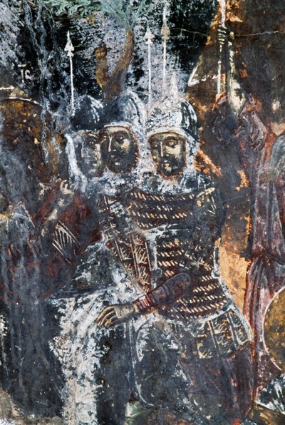 Soldat, skadad fresk på taket av kyrkan Agios Vasileios, Vavouledo, Kreta, Grekland (foto) av Theodore Charles Ange Coquelin