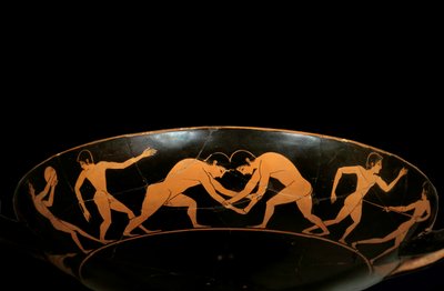 Vindsmugg med röda figurer som föreställer idrottare i träning, en discobole och brottare. Målning tillskriven målaren av Euergides (slutet av 600-talet f.Kr.). Paris, Louvren av painter Euergides