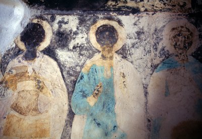 Helgonfigurer, fresk i klostret Taxiarhis Mihail Roukouniotis, Panormitis, ön Symi, Grekland av Unbekannt Unbekannt