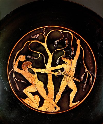 Theseus med rövaren Sinis (keramik) av painting Elpinikos
