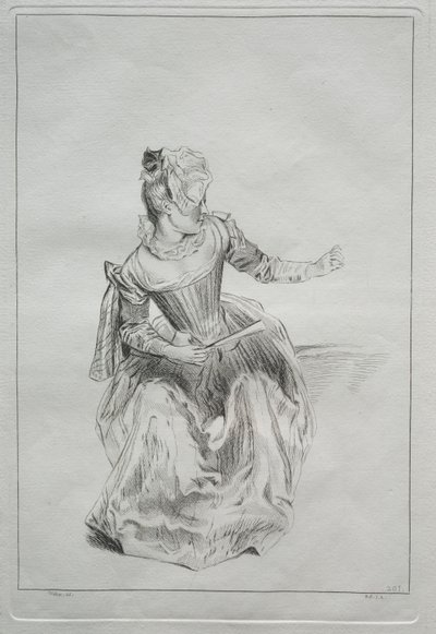 Kvinna som håller en fläkt av possibly by Benoit II Audran