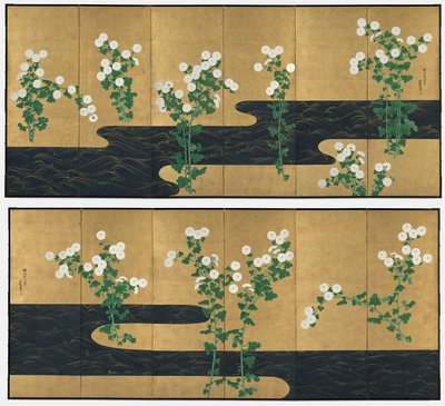 Krysantemum vid en bäck av possibly by Ogata Kōrin