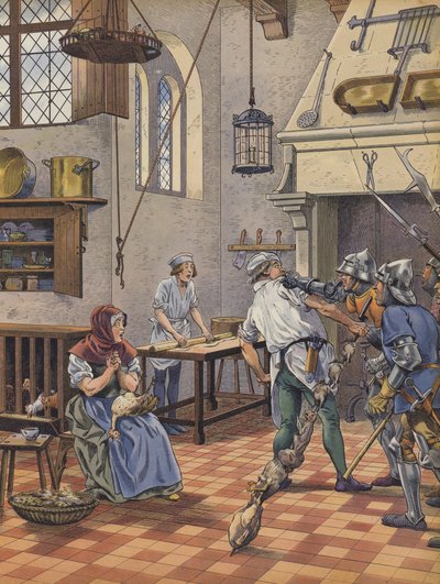 En kock som greps i sitt kök av vapenmän misstänkt för att ha försökt förgifta kungen (färg litho) av pseudonym for Onfray de Breville Jacques Job