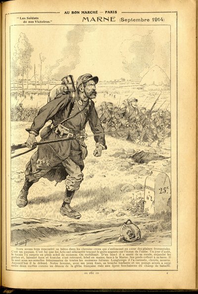 Dagbok Buvard du Bon Marche 1917 - Illustration av Job (Jacques Marie (Jacques-Marie) Gaston Onfray och Breville) (1858-1931): Marne September 1914 - War of 14 -18, Marne, Great Battles, Battle of Marne - Soldater av pseudonym for Onfray de Breville Jacques Job