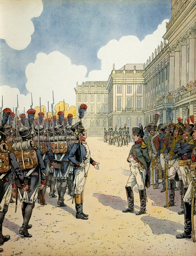 I Schoebrunn granskade Napoleon I Bonaparte (1769-1821) trupperna före slaget vid Wagram den 5 och 6 juli av pseudonym for Onfray de Breville Jacques Job