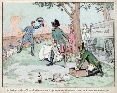 Slaget vid Aspern Essling - Napoleon får nyheter om marskalk Lannes död 1809 - Slaget vid Aspern-Essling - Napoleon får nyheter om marskalk Lannes död - litografi av Job (Jacques Onfroy de Breville) från "" Le Grand Napoleon des Petites av pseudonym for Onfray de Breville Jacques Job