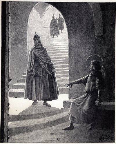 Var en kristen, jag kommer att göra dig till riddare. Ludvig IX:s ord sa Saint Louis (1214-1270) till en bovetehövding som gick in i fängelset för att göra sig själv till riddare. Illustration av Job (Jacques Marie Gaston Onfray och Breville) (Jacques-Mari av pseudonym for Onfray de Breville Jacques Job