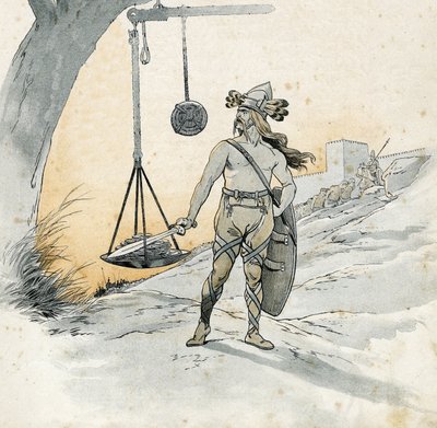 Erövring av Rom (Rancon av Rom 390 f.Kr.). Histoire de Brennus (Brennos), gallisk krigsherre som uttalade det fruktansvärda ordet Vae Victis (olycka för de besegrade). i "" Frankrike, hans historia berättad av G. Montorgueil, avbildad av Job"" 1896. Privat av pseudonym for Onfray de Breville Jacques Job