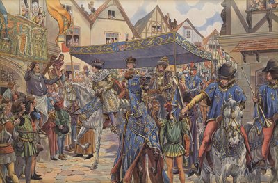 Folkmassor på gatorna i Paris hälsar Ludvig XI när han anländer från Bourgogne för att göra anspråk på sitt kungadöme efter sin fars, Charles VII:s död (färg litho) av pseudonym for Onfray de Breville Jacques Job