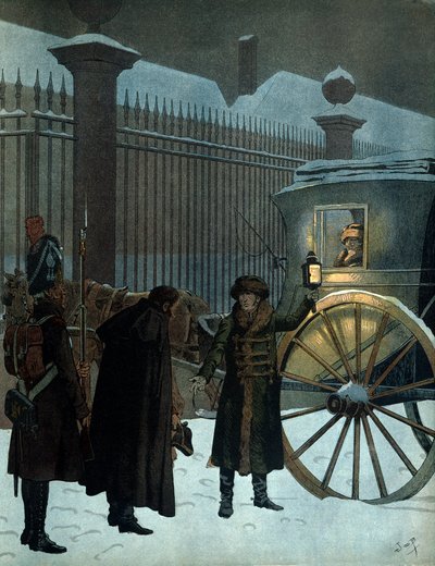 Besegrade det ryska fälttåget och återvände till Paris: Napoleon I Bonaparte (1769-1821) i en sedan anlände till tuilerierna den 18 december 1812 klockan 11 på kvällen efter den ryska reträtten. I "" Napoleon"" av Georges Montorgueil. Illustration av J av pseudonym for Onfray de Breville Jacques Job