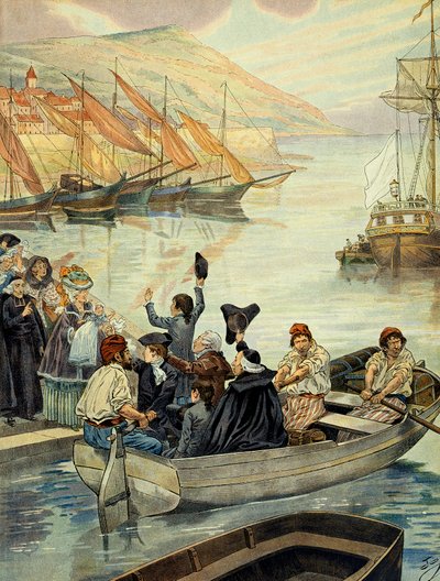 Avgick från Ajaccio på Korsika den 15 december 1778; Charles Bonaparte (1746-1785) seglade till Marseille med sina söner Joseph Bonaparte (1768-1844) och Napoleon I Bonaparte (1769-1821) och sin svåger Joseph Fesch (1763-1839) för att åka till Versailles.  av pseudonym for Onfray de Breville Jacques Job