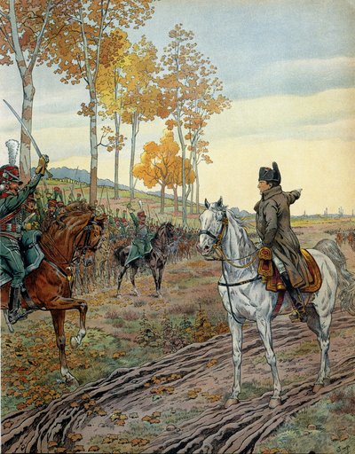 Kejsar Napoleon I Bonaparte (1769-1821) härskade det andra regementet av hästjägare 1806 under fälttåget i Preussen (Tyskland) före slaget vid Iena den 14 oktober 1806. I "" Napoleon"" av Georges Montorgueil. Illustration av Jacques Marie av pseudonym for Onfray de Breville Jacques Job