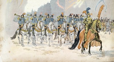 Entré av kung Karl VI (1368-1422) i Paris ackompanjerar trettio trumpeter. i "" Frankrike, hans historia berättad av G. Montorgueil, imagee av Job""" 1896. Privat samling. av pseudonym for Onfray de Breville Jacques Job