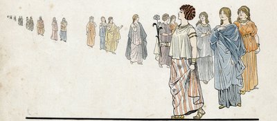 Femmes des "" free men"" (fria medborgare) bär sina klänningar häftade på axeln och tunga juveler på armarna. i "" Frankrike, hans historia berättad av G. Montorgueil, imagee av Job""" 1896. Privat samling. av pseudonym for Onfray de Breville Jacques Job