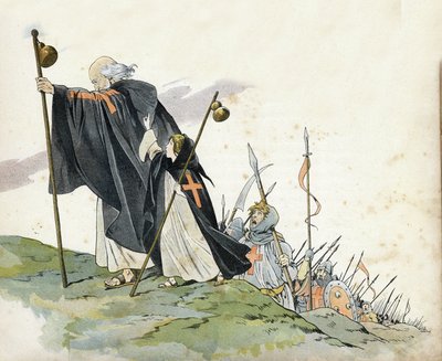 Första korståget: Eremiten Peter (1050-1115) leder korståget till ropet "Gud vill det!" . Han är klädd i kappa, slår med ett kors och håller i en pelerinhumla. En liten flicka som symboliserar Frankrike följer med henne. i "" Frankrike, hennes historia ber av pseudonym for Onfray de Breville Jacques Job