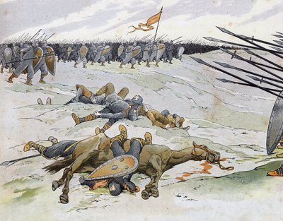 Fransk-engelska kriget (1202-1214): soldater som dog i slaget vid Bouvines den 27/07/1214 som motsatte sig den franska armén Philippe Auguste mot flamländarna och Welfs av Othon IV. i "Frankrike, dess historia berättad av G. Montorgueil, bild av Job"" 1896 av pseudonym for Onfray de Breville Jacques Job