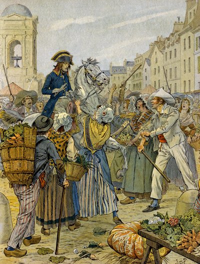 Franska revolutionen 1789: Napoleon I Bonaparte (1769-1821) tog parti av den revolutionära befolkningen och utan trosor (utan trosor) i Les Halles. Illustration av Jacques Marie Gaston Onfray de Breville dit JOB (1858-1931). Privat samling av pseudonym for Onfray de Breville Jacques Job
