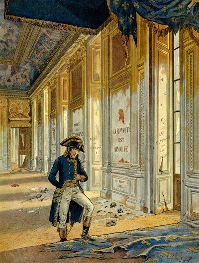 Franska revolutionen 1789: Napoleon I Bonaparte (1769-1821) i tronsalen vid Tuileripalatset efter att revolutionärerna som plundrade platsen hade passerat. På väggen står det: "Riket är avskaffat." Illustration av Jacques Marie Gaston Onfray av pseudonym for Onfray de Breville Jacques Job