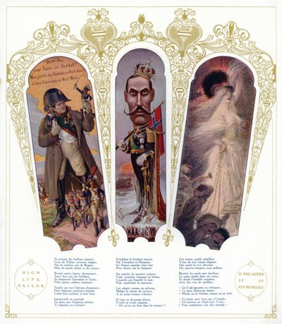 Fransk militär träning, karikatyr av kung Haakon VII av Norge och marockanska immigranter i Frankrike (färg litho) av pseudonym for Onfray de Breville Jacques Job