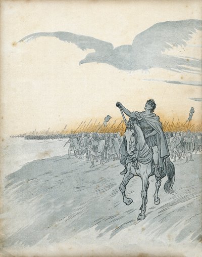 Galliens krig: Gaius Julius Caesar (då Jules cesar) (100-44 f.Kr.) och hans armé invaderar Gallien. Skuggan av en örn, symbol för det romerska riket, dyker upp på himlen. i "Frankrike, hans historia berättad av G. Montorgueil, avbildad av Job"" 1896. Priva av pseudonym for Onfray de Breville Jacques Job