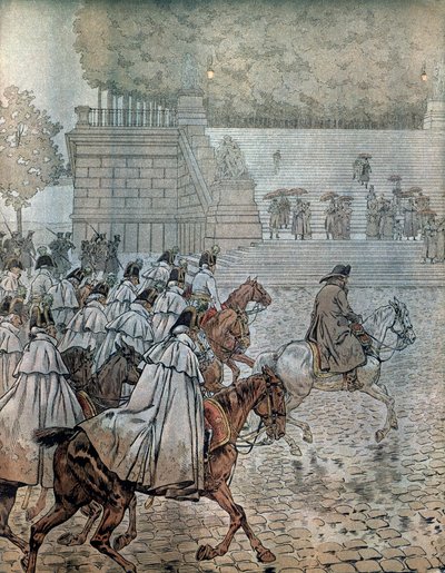 Tyskt fälttåg 1813: Napoleon I Bonaparte (1769-1821) och hans generalstab (stab) återvände till Dresden efter att ha vunnit slaget den 26 och 27 augusti. I "" Napoleon"" av Georges Montorgueil. Illustration av Jacques Marie Gaston Onfray de Breville dit J av pseudonym for Onfray de Breville Jacques Job