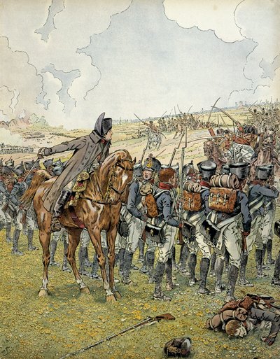 Tyskt fälttåg 1813: Napoleon I Bonaparte (1769-1821) vid slaget vid Lutzen den 2 maj 1813 befäl över sin armé innan han vann seger. I "" Napoleon"" av Georges Montorgueil. Illustration av Jacques Marie Gaston Onfray de Breville dit JOB (1858-1931) av pseudonym for Onfray de Breville Jacques Job