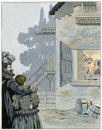 Henrik IV (1553-1610) och kycklingen vid grytan: kungen observerar måltiden hos en bondefamilj och vill förbättra deras levnadsvillkor tack vare kycklingen vid grytan. i "Frankrike, hans historia berättad av G. Montorgueil, avbildad av Job"" 1896. Privat c av pseudonym for Onfray de Breville Jacques Job