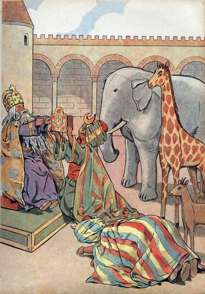 Frankrikes historia. Scen av Karl den Stores liv i leksaker: Kalifen Haron Al Rashid (Haron-Al-Rachid) ger kungen av Frankrike Karl den Store (742-814) en giraff, en elefant och en klocka. I "" Joujoux a l