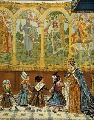 Frankrikes historia under medeltiden (medeltiden): Allegori över de franska provinserna vittnade om Frankrikes krona under kung Ludvig XI:s regeringstid kallad den försiktiga (1423-1483). Illustration av Jacques Marie Gaston Onfray de Breville dit JOB (185 av pseudonym for Onfray de Breville Jacques Job