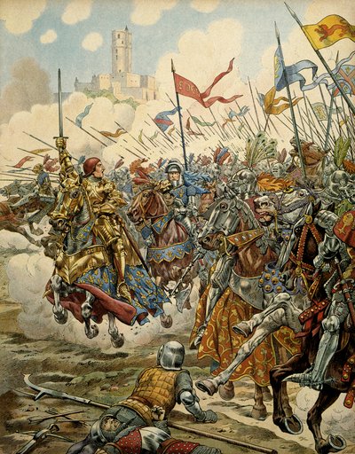 Frankrikes historia under medeltiden (medeltiden): Kung Ludvig XI kallade den försiktige (1423-1483) i spetsen för sin armé under slaget vid Montlery mot Ligue du Bien Public, 16 juli av pseudonym for Onfray de Breville Jacques Job