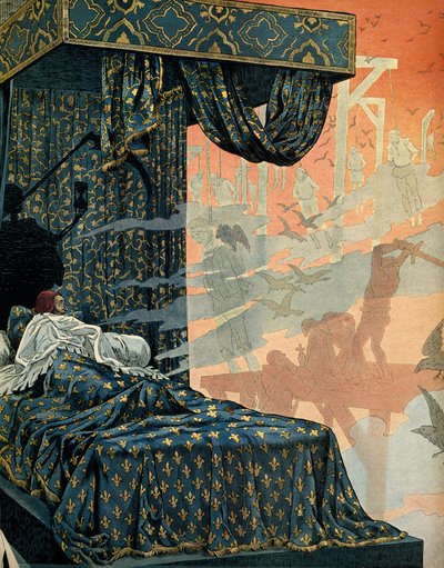 Frankrikes historia under medeltiden (medeltiden): Frankrikes kung Ludvig XI sa att den förståndige (1423-1483) hade oroliga mardrömmar innan han dog. Illustration av Jacques Marie Gaston Onfray de Breville dit JOB (1858-1931) av pseudonym for Onfray de Breville Jacques Job