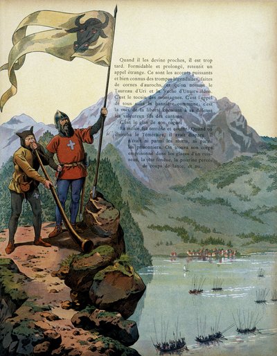 Frankrikes historia under medeltiden: trupperna av Karl Temeraire (1433-1477), hertig av Bourgogne, går in i landet Vaud i Schweiz. Illustration av Jacques Marie Gaston Onfray de Breville dit JOB (1858-1931) av pseudonym for Onfray de Breville Jacques Job