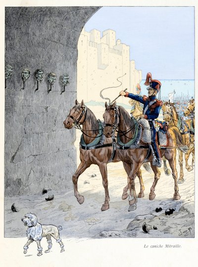 Illustration från boken “A la gloire des betes”” text av A Fabre, teckningar av Jacques Marie Gaston Onfray de Breville dit JOB (1858-1931), förlag Maison Alfred Mame et fils: Mitraillepudeln (enkel pudel i 2:a artilleriet) regemente, han var th av pseudonym for Onfray de Breville Jacques Job