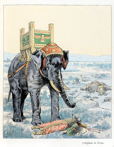 Illustration från boken "In the Glory of the Beasts"" text av A Fabre, teckningar av Jacques Marie Gaston Onfray de Breville säger JOB (1858-1931), förläggare Maison Alfred Mother and Son: The Elephant of Porus (At the Battle of Porus) Hydaspe). År 328 f.K av pseudonym for Onfray de Breville Jacques Job