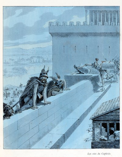 Illustration från boken "A la Glory des Betes"" text av A Fabre, teckningar av Jacques Marie Gaston Onfray de Breville dit JOB (1858-1931), redaktör Maison Alfred Mame et fils: Les goies du Capitole (890 f.Kr.), les Gallernas belägring av Rom, delsamling av pseudonym for Onfray de Breville Jacques Job