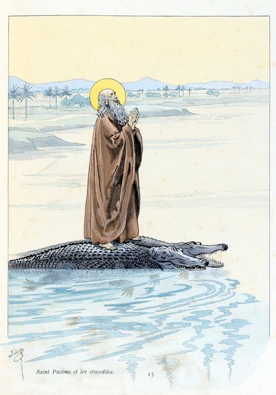 Illustration från boken "A la Glory des Betes"" text av A Fabre, teckningar av Jacques Marie Gaston Onfray de Breville dit JOB (1858-1931), redaktör Maison Alfred Mame et fils: Saint Pacome (abbe 292-348) och Krokodiler, privat samling av pseudonym for Onfray de Breville Jacques Job