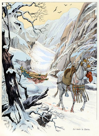 Illustration från boken “A la gloire des betes”” text av A Fabre, teckningar av Jacques Marie Gaston Onfray de Breville dit JOB (1858-1931), förläggare Maison Alfred Mame och son: La mule 