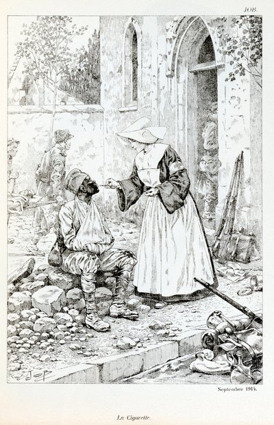 Illustration från boken "La Grande Guerre par les artistes"": "" La cigarette Septembre 1914""" religiös ger en cigarett till en skadad soldat av Jacques Marie Gaston Onfray de Breville dit JOB (1858-1931), Delsamling av pseudonym for Onfray de Breville Jacques Job