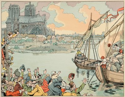 Illustration från boken "Le bon roy Henri", illustrerad av Jacques Marie Gaston Onfray de Breville dit JOB (1858-1931): Paris refuitaille - Privat samling av pseudonym for Onfray de Breville Jacques Job