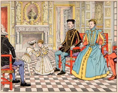 Illustration från boken "Le bon roy Henri", illustrerad av Jacques Marie Gaston Onfray de Breville dit JOB (1858-1931): Antoine de Bourbon tog honom till Paris och presenterade honom för sin kusin Henri II, som gav honom sin hand. dotter Marguerite de av pseudonym for Onfray de Breville Jacques Job