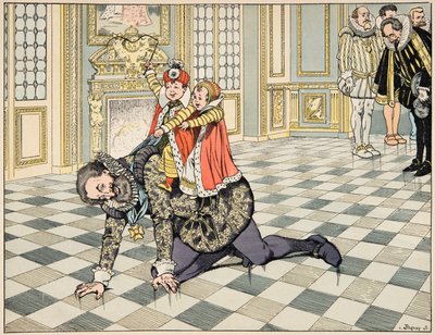Illustration från boken "Le bon roy Henri", illustrerad av Jacques Marie Gaston Onfray de Breville dit JOB (1858-1931): Inför den spanska ambassadören leker Henri IV med sina barn - Privat samling av pseudonym for Onfray de Breville Jacques Job