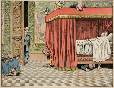 Illustration från boken "Le bon roy Henri", illustrerad av Jacques Marie Gaston Onfray de Breville dit JOB (1858-1931): Henri IV bor i Paris under spionernas öga - Privat samling av pseudonym for Onfray de Breville Jacques Job