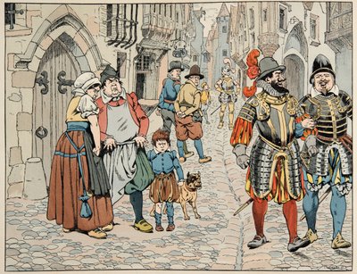 Illustration hämtad från boken "" Le bon roy Henri"", illustrerad av Jacques Marie Gaston Onfray de Breville dit JOB (1858-1931): Parisare ser med dåliga öga de utländska trupperna som kommer för att hjälpa dem - Privat samling av pseudonym for Onfray de Breville Jacques Job