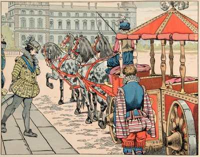 Illustration hämtad från boken "" Le bon roy Henri"", illustrerad av Jacques Marie Gaston Onfray de Breville dit JOB (1858-1931): Den 14 maj 1610 ångrar Henri IV att åka i sin avtäckta vagn - Privat samling av pseudonym for Onfray de Breville Jacques Job