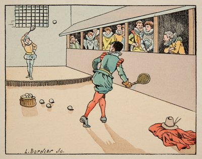 Illustration hämtad från boken “Le bon roy Henri””, illustrerad av Jacques Marie Gaston Onfray de Breville dit JOB (1858-1931): Education in the 16th century: game of palm - Privat samling av pseudonym for Onfray de Breville Jacques Job
