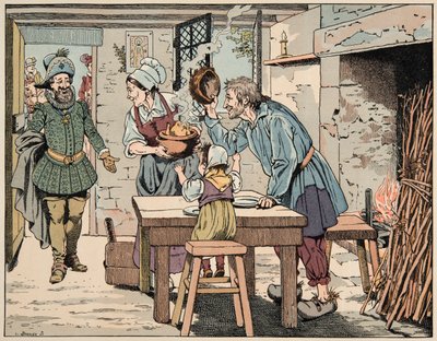 Illustration hämtad från boken “Le bon roy Henri””, illustrerad av Jacques Marie Gaston Onfray de Breville dit JOB (1858-1931): Henri IV i bönderna, att äta kycklingen i grytan - Privat samling av pseudonym for Onfray de Breville Jacques Job