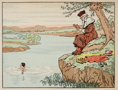 Illustration hämtad från boken "Le bon roy Henri", illustrerad av Jacques Marie Gaston Onfray de Breville dit JOB (1858-1931): Utbildning på 1500-talet: simning - Privat samling av pseudonym for Onfray de Breville Jacques Job