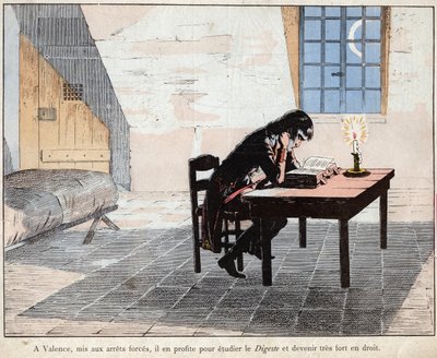 I Valencia (fängelse) utnyttjar Napoleon det för att studera Digest och bli mycket stark i juridik - Napoleon läste Digeste och stärker sin kunskap om lagen - litografi av Job (Jacques Onfroy de Breville) från "" Le Grand Napoleon des Petites av pseudonym for Onfray de Breville Jacques Job